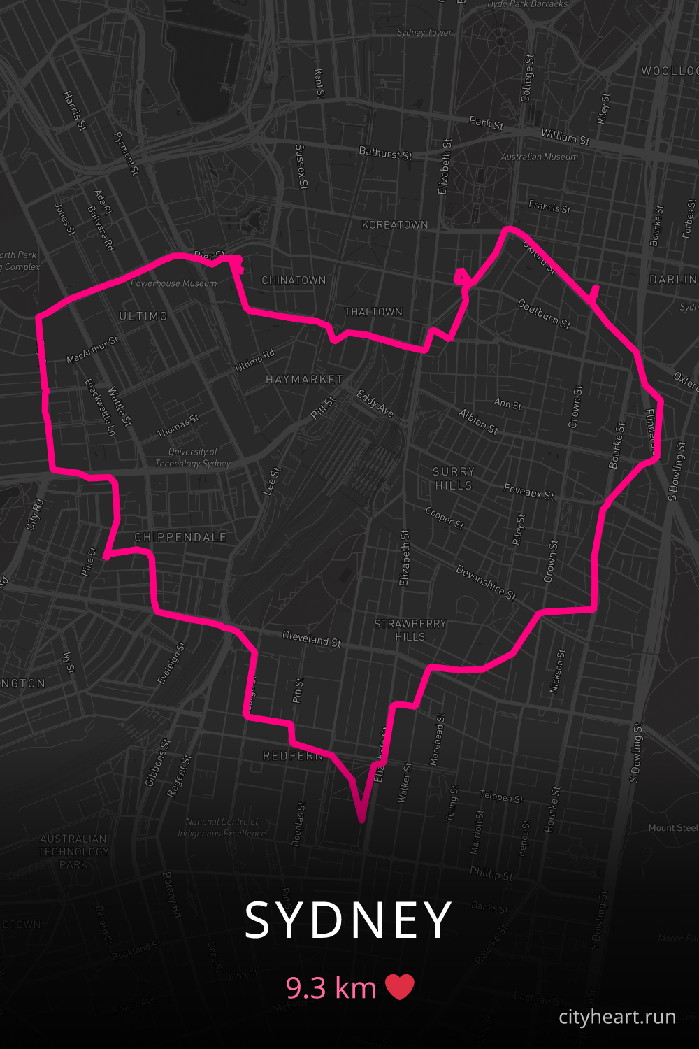 Heart-shaped running route in Sydney, 9.3 km — GPS art for Strava