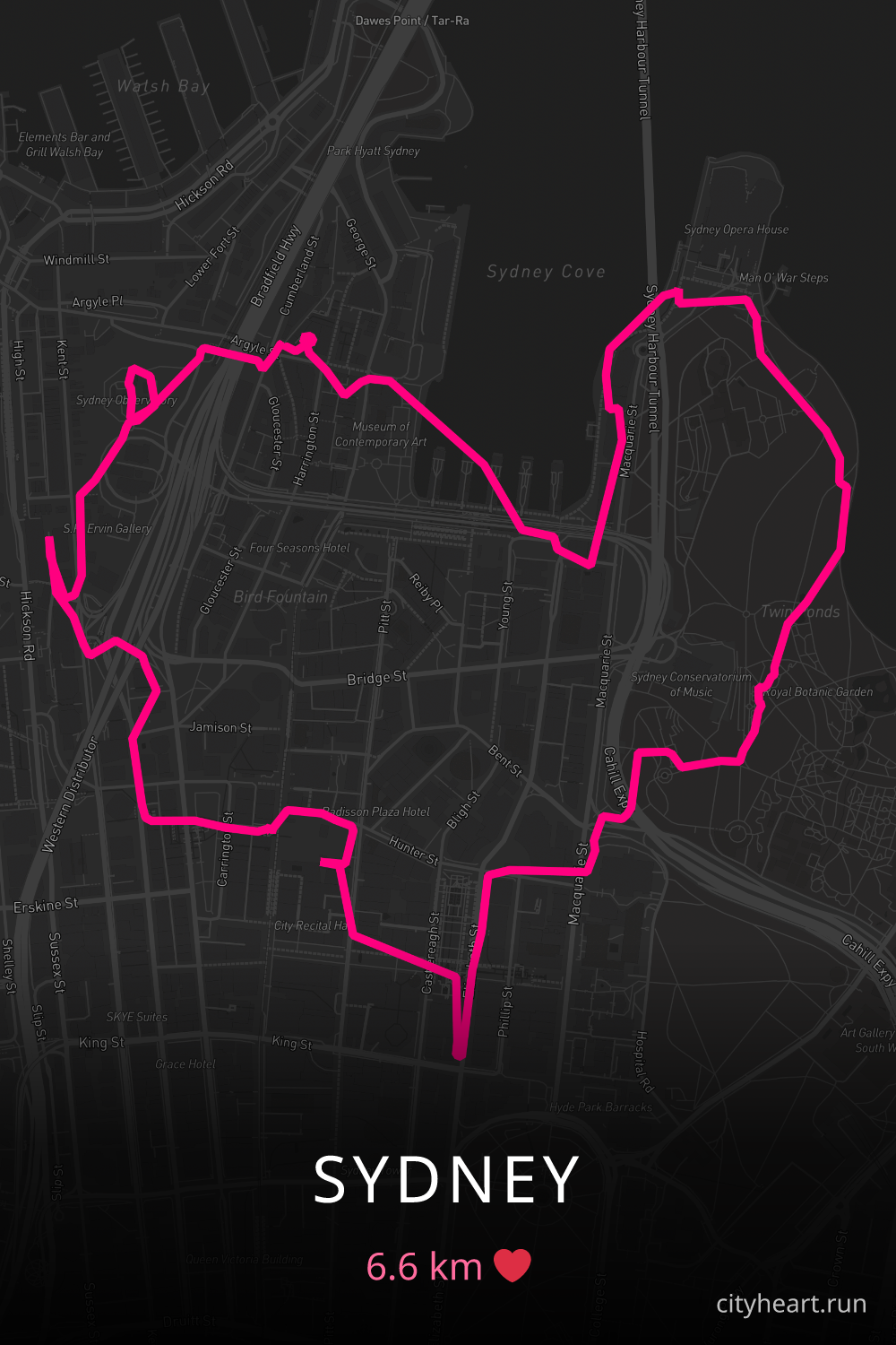 Heart-shaped running route in Sydney, 6.6 km — GPS art for Strava