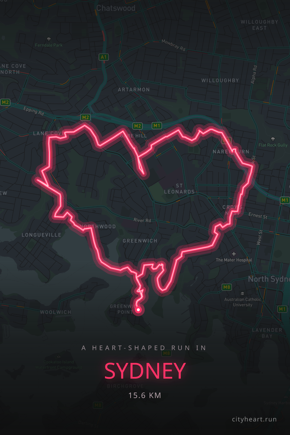 Heart-shaped running route in Sydney, 15.6 km — GPS art for Strava