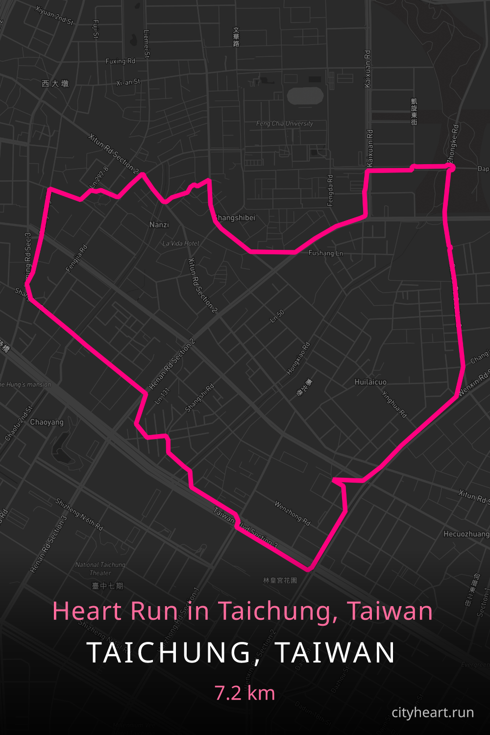Heart-shaped running route in Taichung, Taiwan, 7.2 km — GPS art for Strava