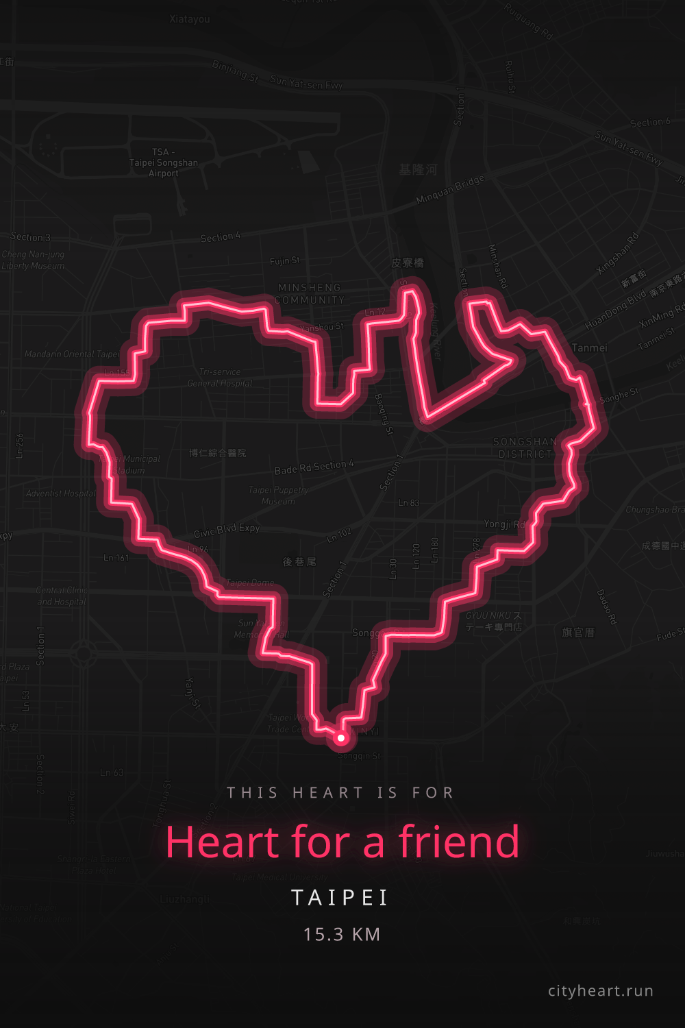 Heart-shaped running route in Taipei, 15.6 km — GPS art for Strava