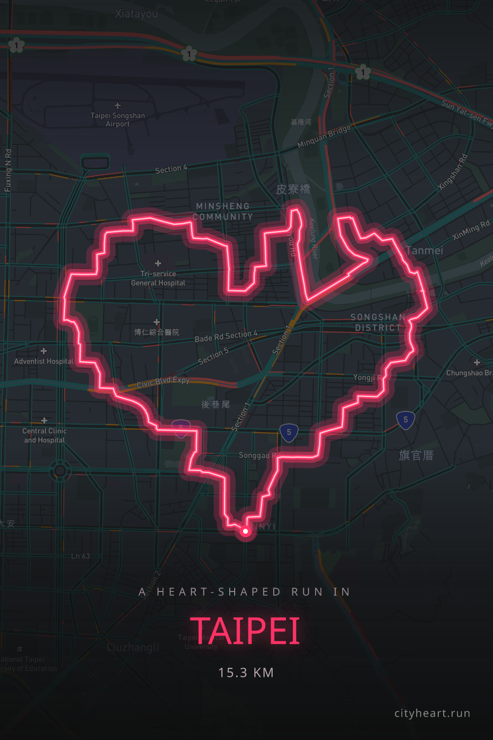 Heart-shaped running route in Taipei, 15.6 km — GPS art for Strava