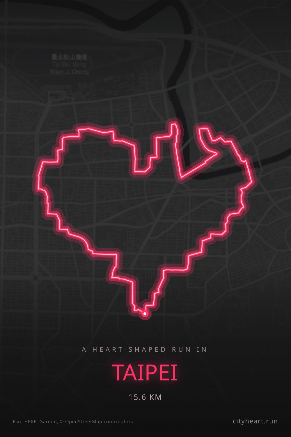 Heart-shaped running route in Taipei, 15.6 km — GPS art for Strava