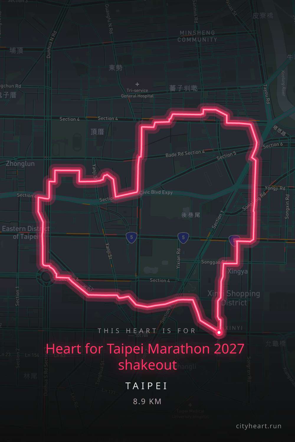 Heart-shaped running route in Taipei, 8.9 km — GPS art for Strava