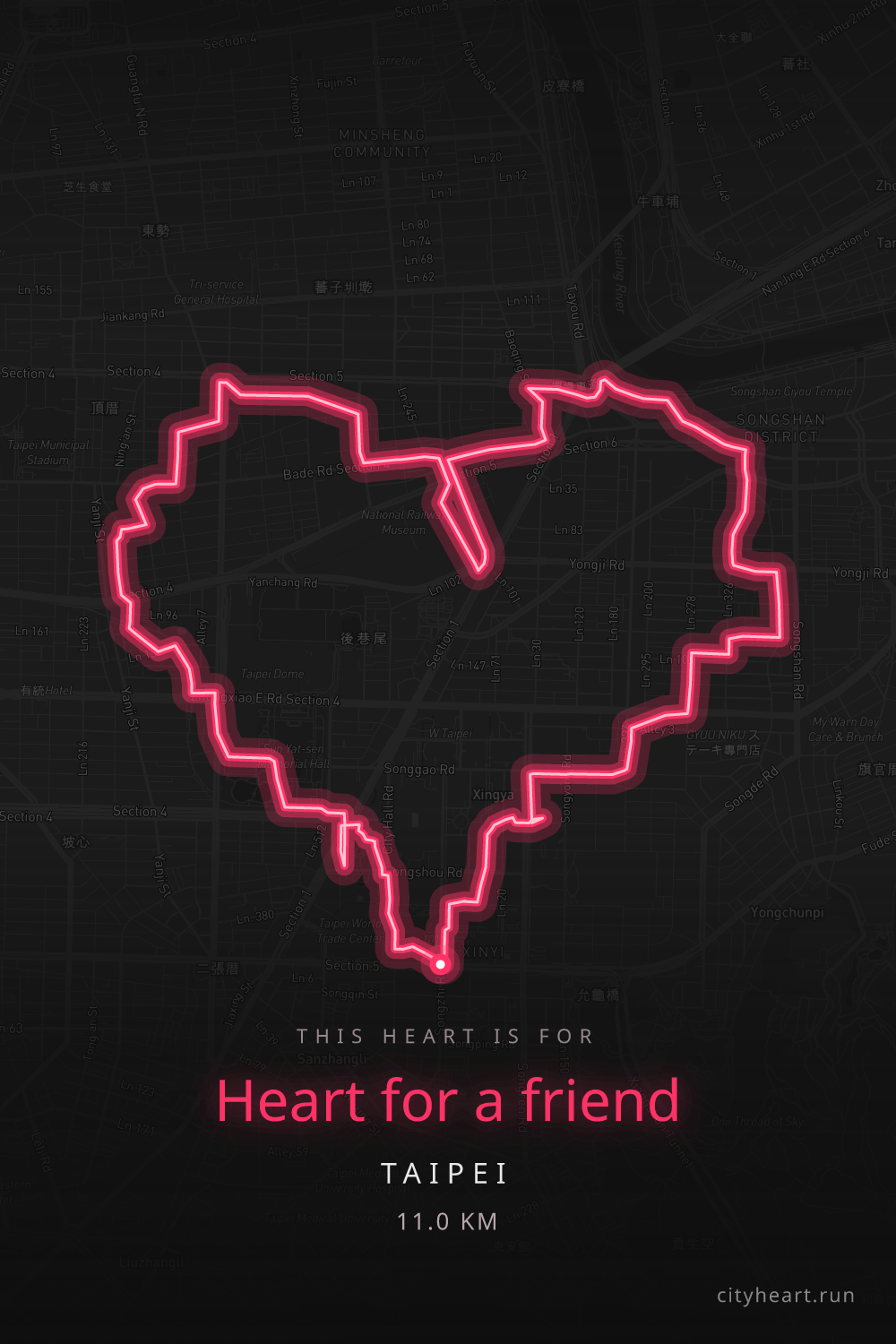 Heart-shaped running route in Taipei, 11.0 km — GPS art for Strava