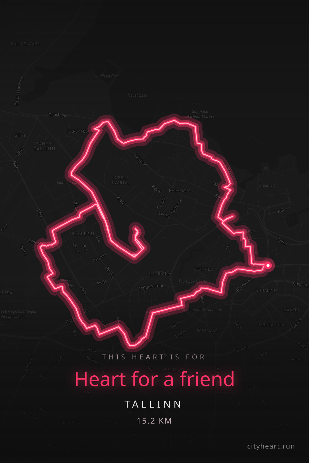 Heart-shaped running route in Tallinn, 16.8 km — GPS art for Strava