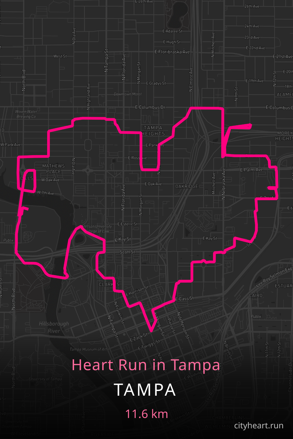 Heart-shaped running route in Tampa, 11.6 km — GPS art for Strava
