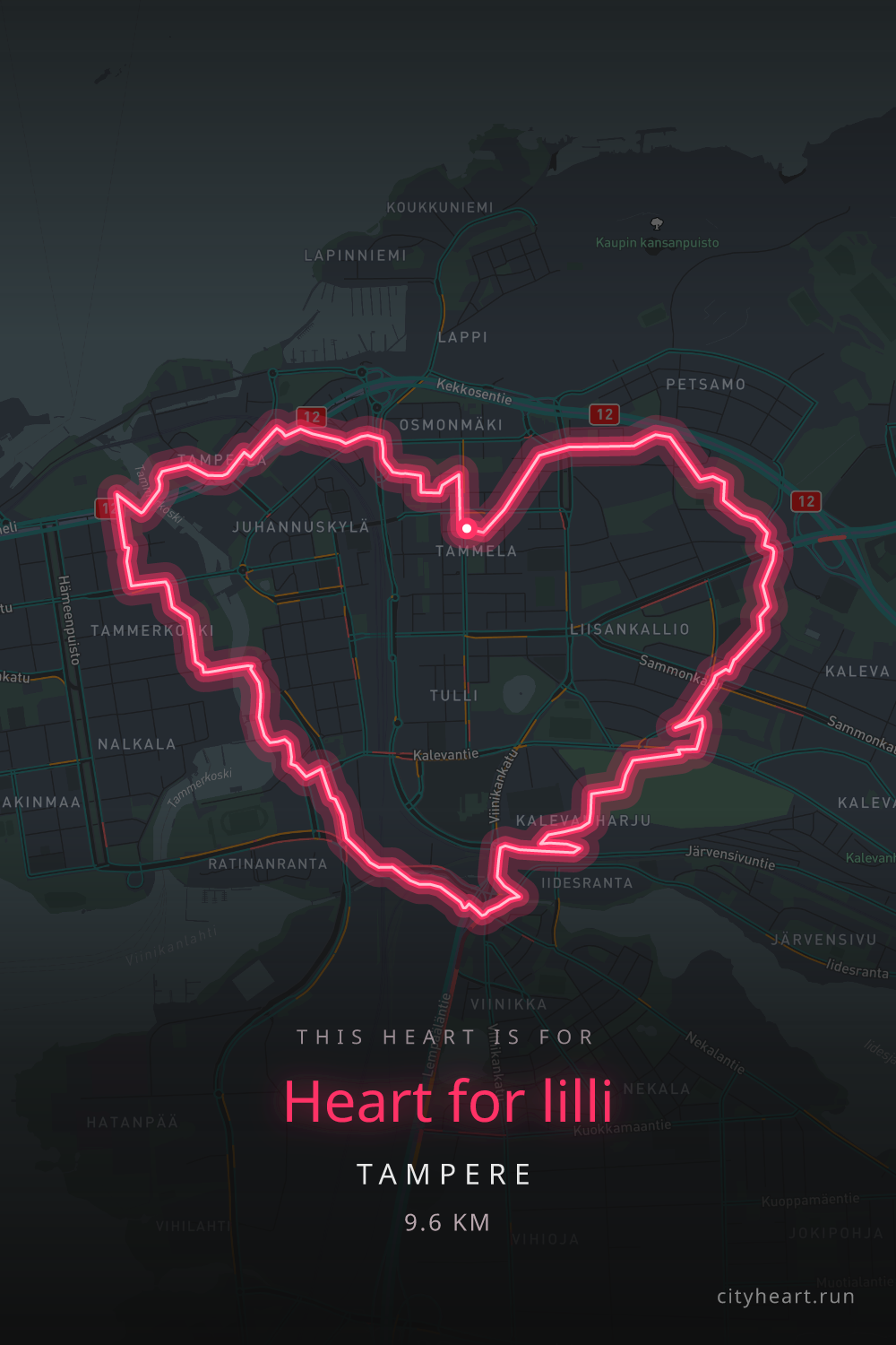 Heart-shaped running route in Tampere, 9.6 km — GPS art for Strava