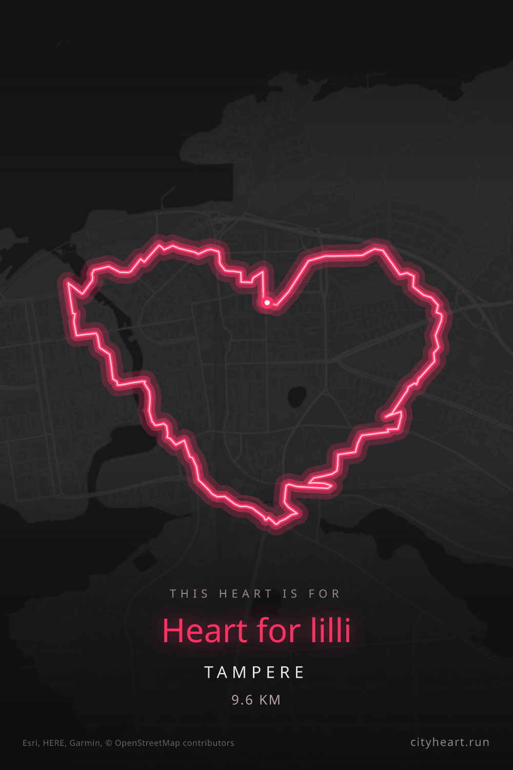 Heart-shaped running route in Tampere, 9.6 km — GPS art for Strava