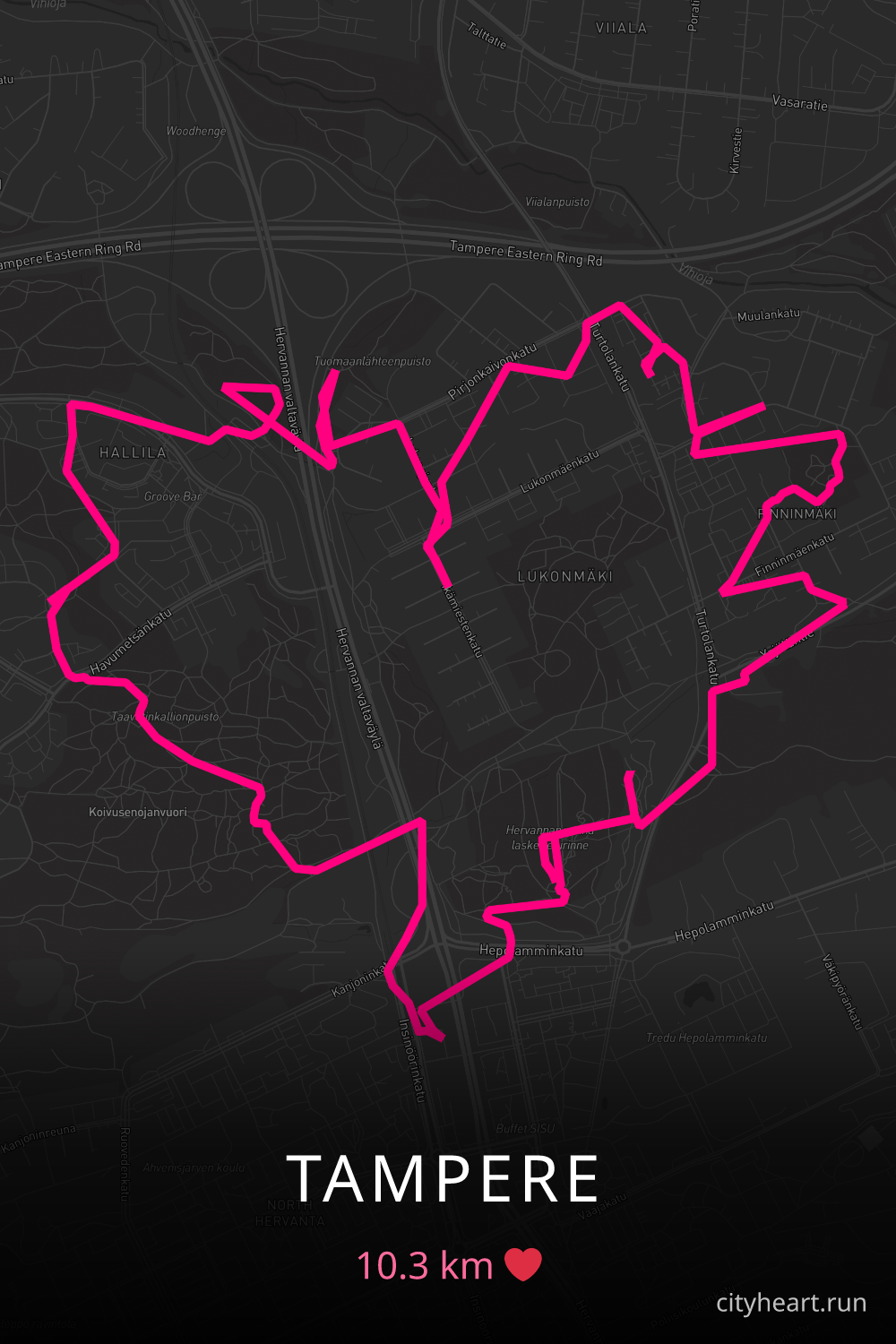 Heart-shaped running route in Tampere, 10.3 km — GPS art for Strava