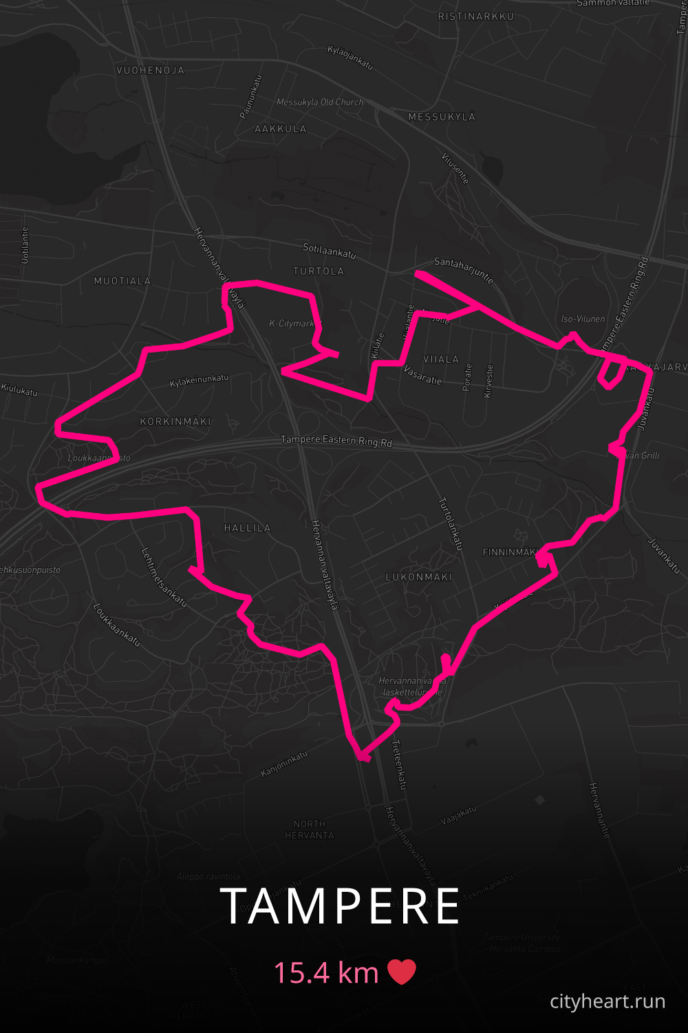 Heart-shaped running route in Tampere, 15.4 km — GPS art for Strava