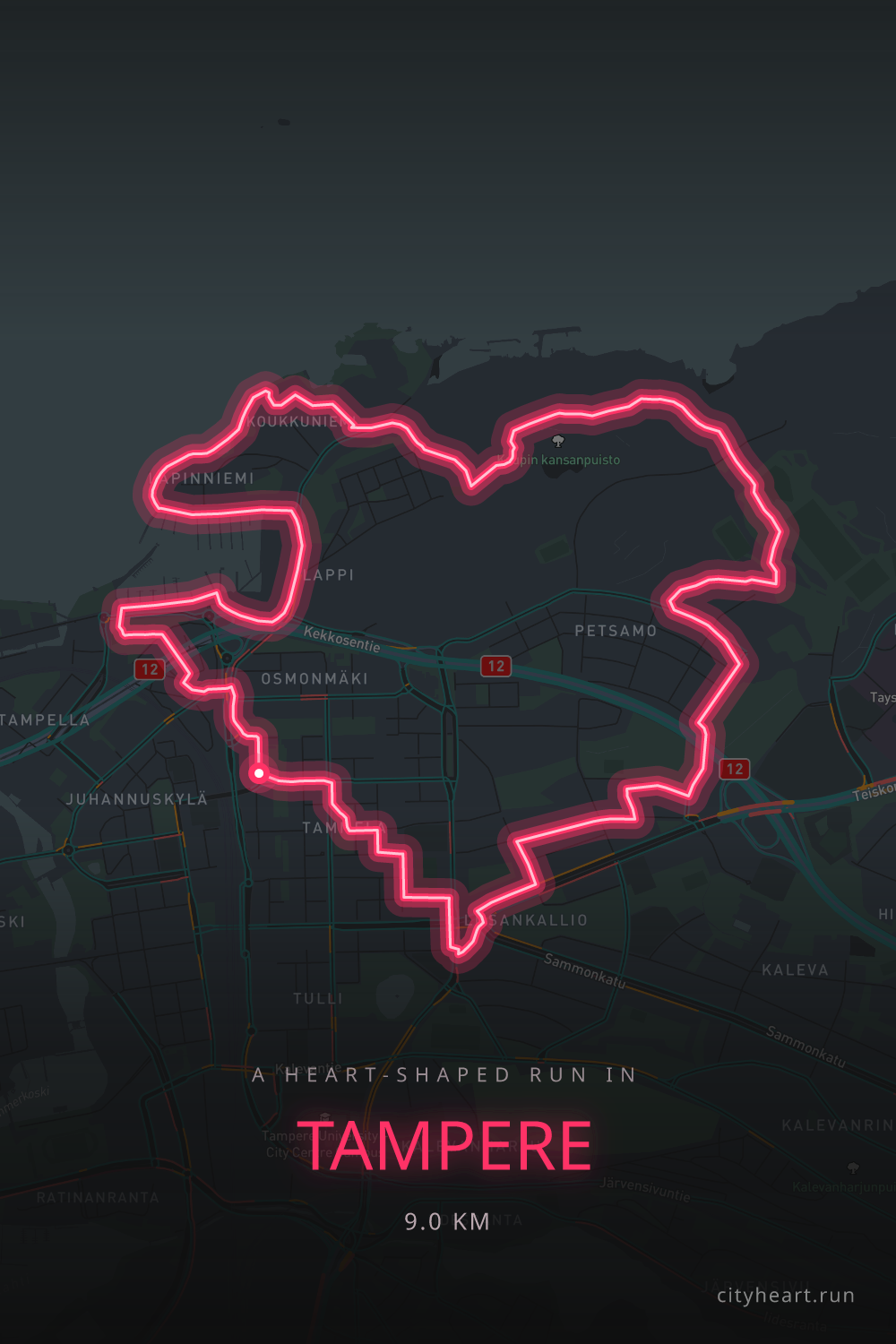 Heart-shaped running route in Tampere, 9.0 km — GPS art for Strava