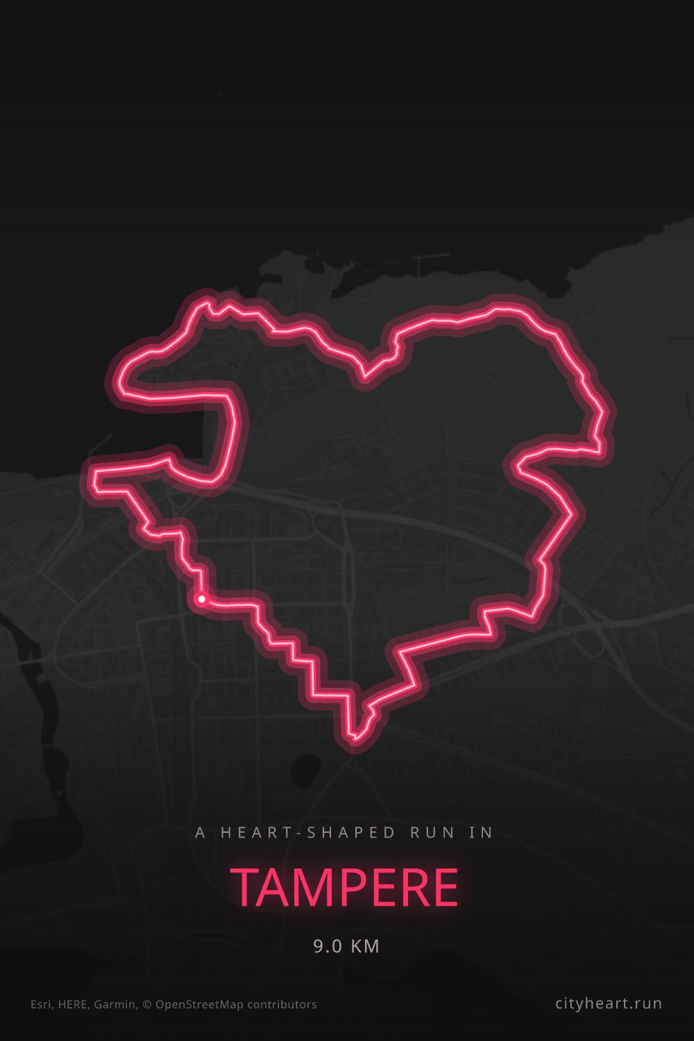 Heart-shaped running route in Tampere, 9.0 km — GPS art for Strava
