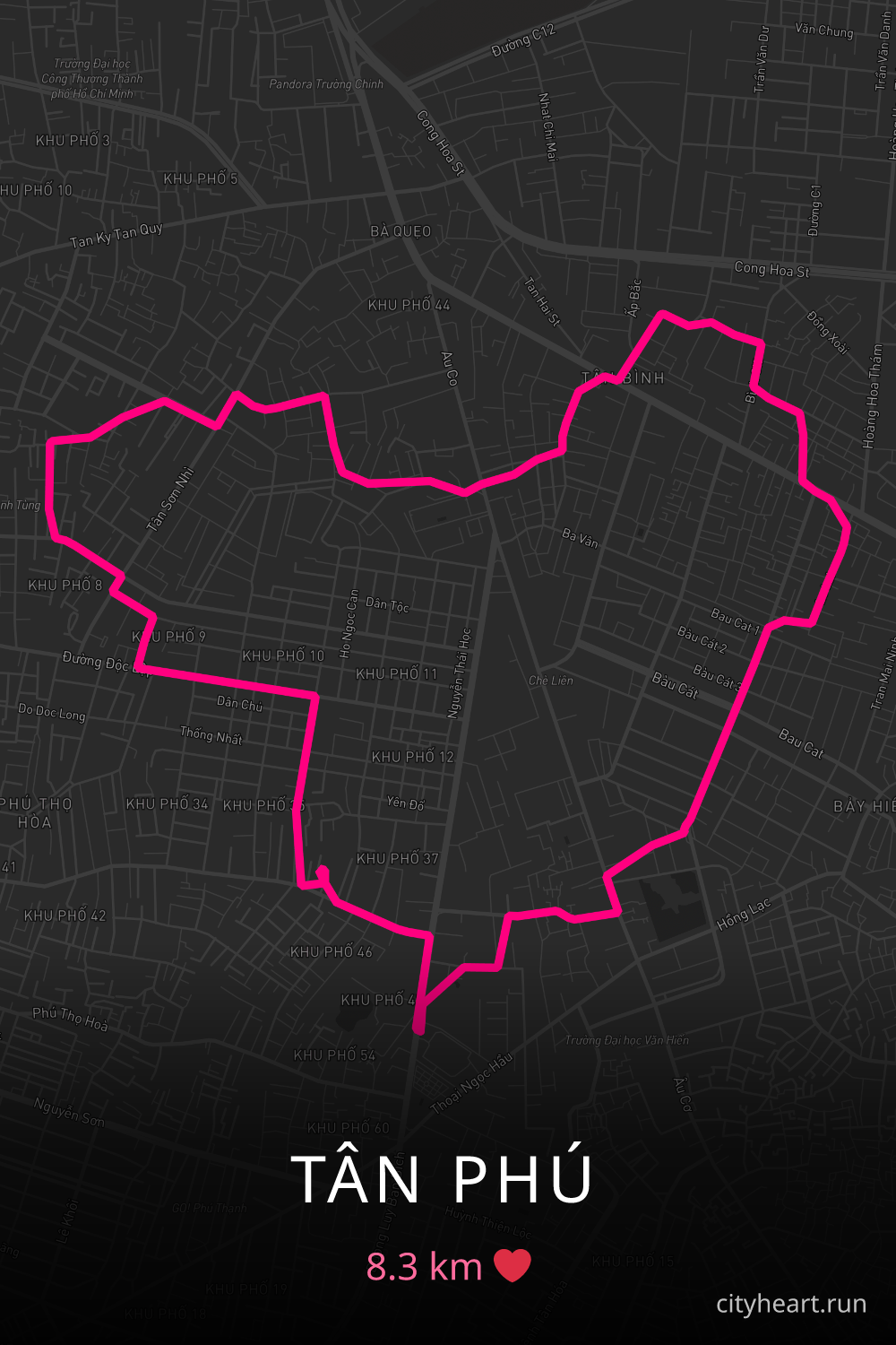Heart-shaped running route in Tân Phú, 8.3 km — GPS art for Strava