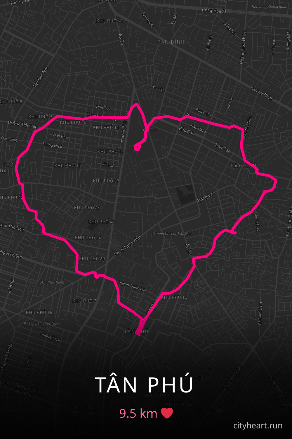 Heart-shaped running route in Tân Phú, 9.5 km — GPS art for Strava