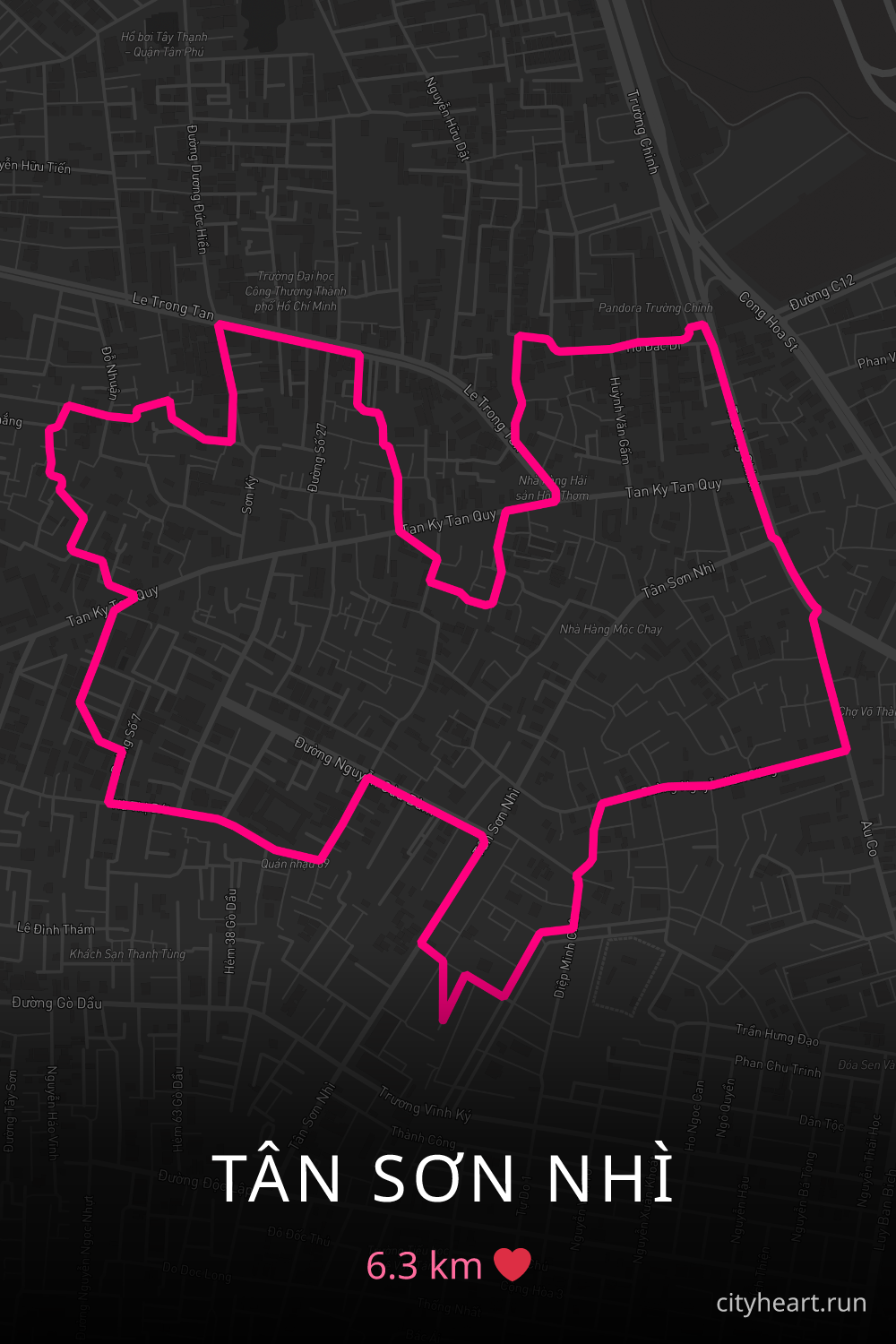 Heart-shaped running route in Tân Sơn Nhì, 6.3 km — GPS art for Strava