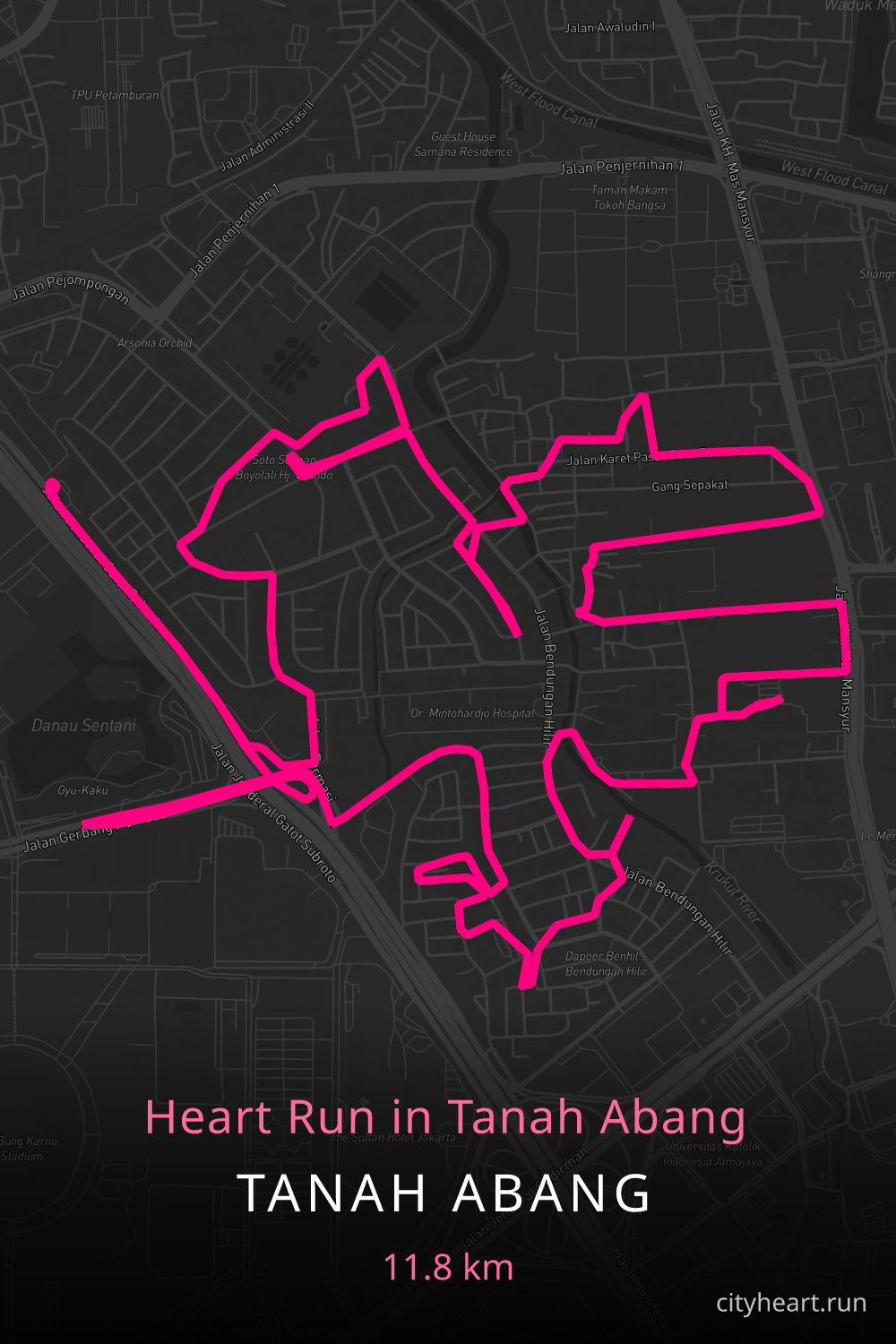 Heart-shaped running route in Tanah Abang, 11.9 km — GPS art for Strava