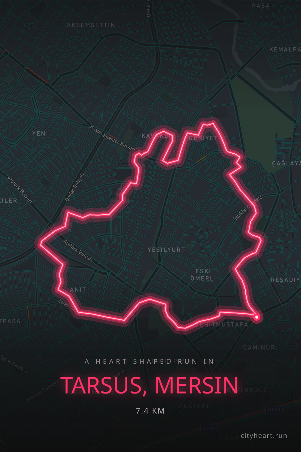Heart-shaped running route in Tarsus, Mersin, 7.4 km — GPS art for Strava
