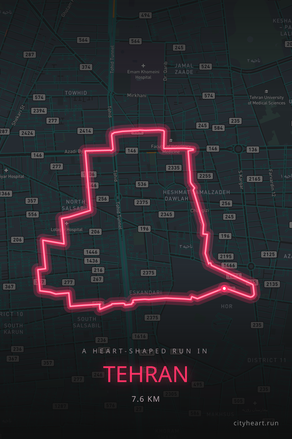 Heart-shaped running route in Tehran, 7.6 km — GPS art for Strava