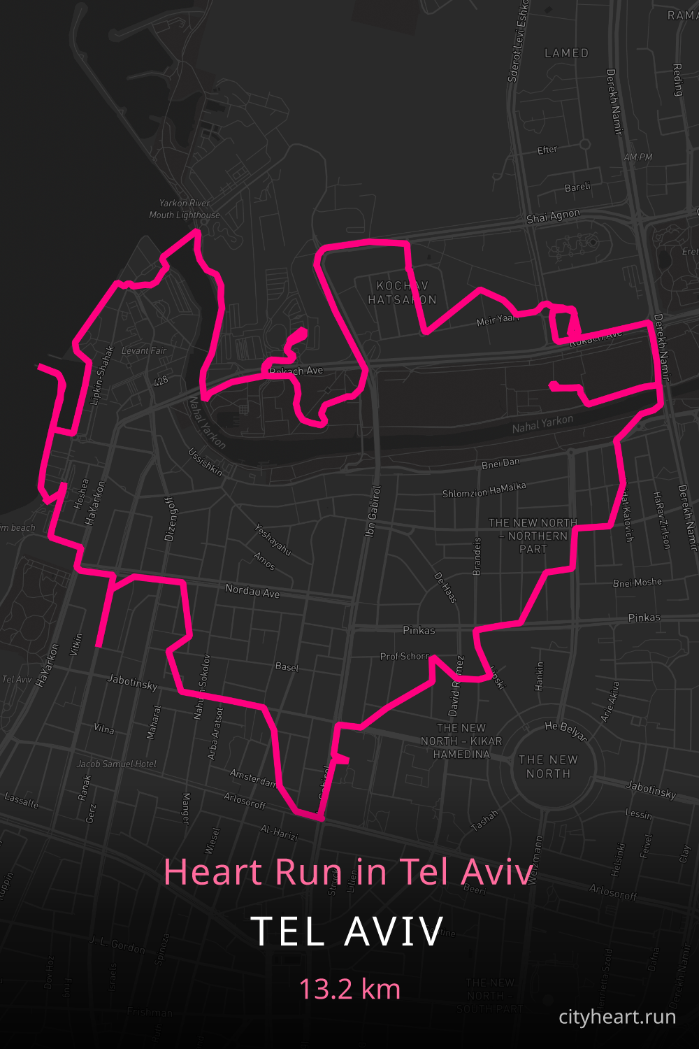 Heart-shaped running route in Tel Aviv, 13.2 km — GPS art for Strava