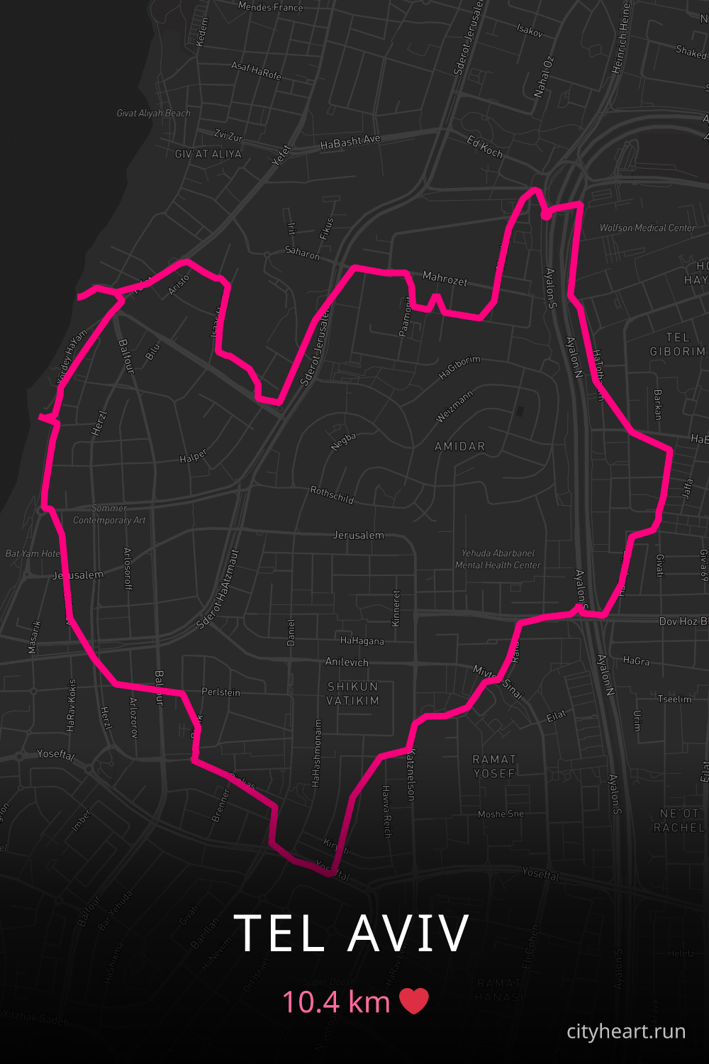 Heart-shaped running route in Tel Aviv, 10.4 km — GPS art for Strava