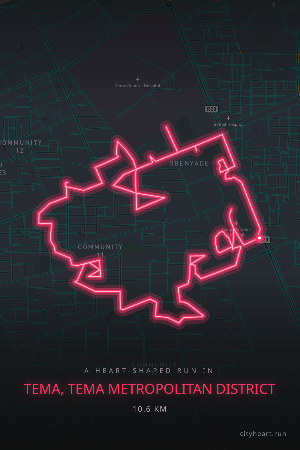 Heart-shaped running route in Tema, Tema Metropolitan District, 10.6 km — GPS art for Strava