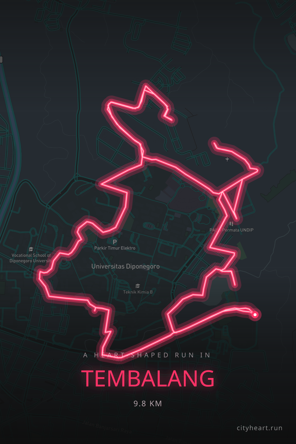 Heart-shaped running route in Tembalang, 12.1 km — GPS art for Strava