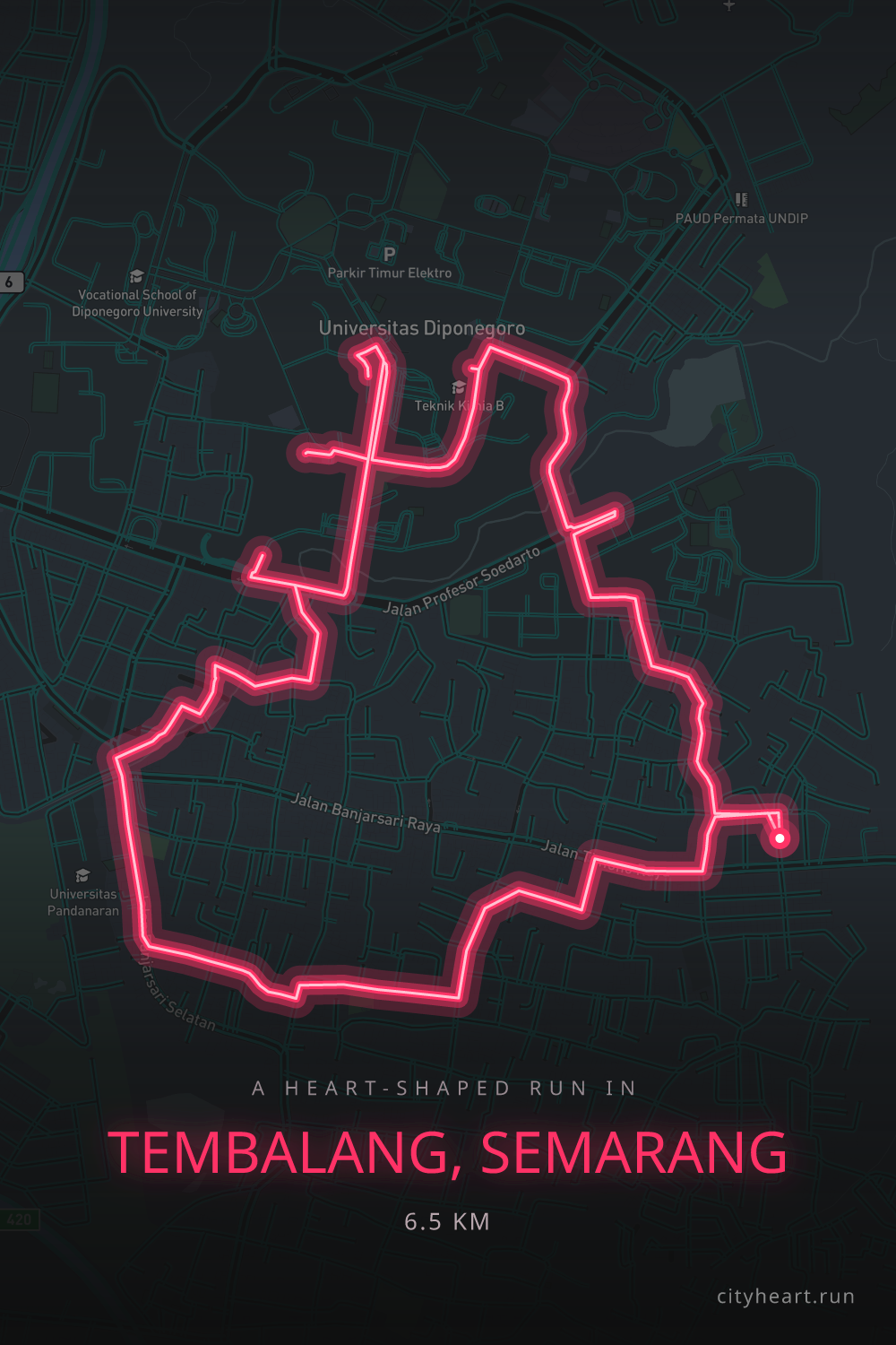 Heart-shaped running route in Tembalang, 7.0 km — GPS art for Strava