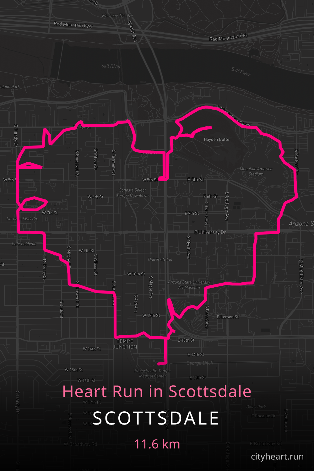Heart-shaped running route in Tempe, 11.6 km — GPS art for Strava