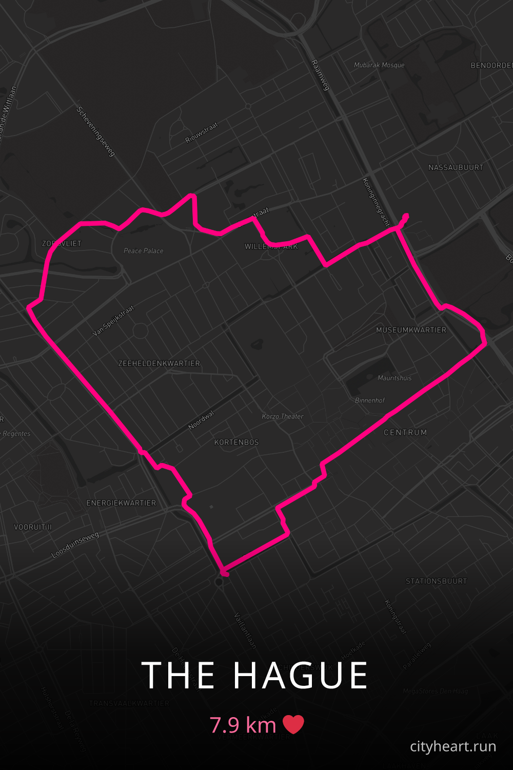 Heart-shaped running route in The Hague, 7.9 km — GPS art for Strava