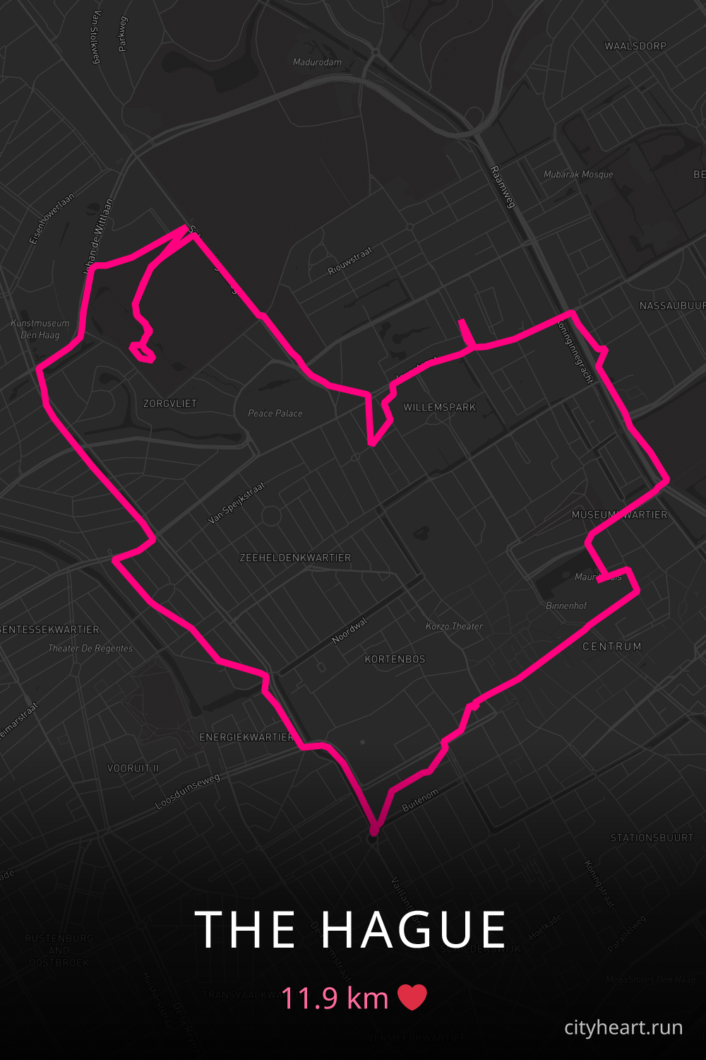 Heart-shaped running route in The Hague, 11.9 km — GPS art for Strava