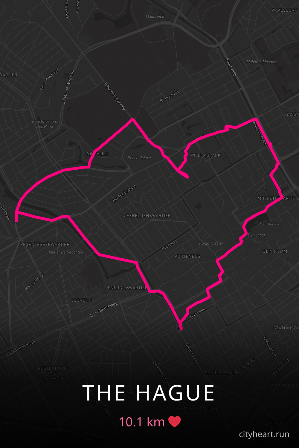 Heart-shaped running route in The Hague, 10.1 km — GPS art for Strava