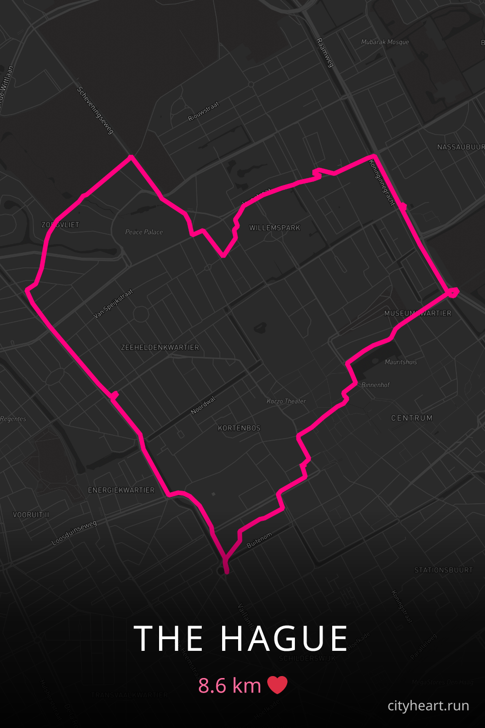Heart-shaped running route in The Hague, 8.6 km — GPS art for Strava