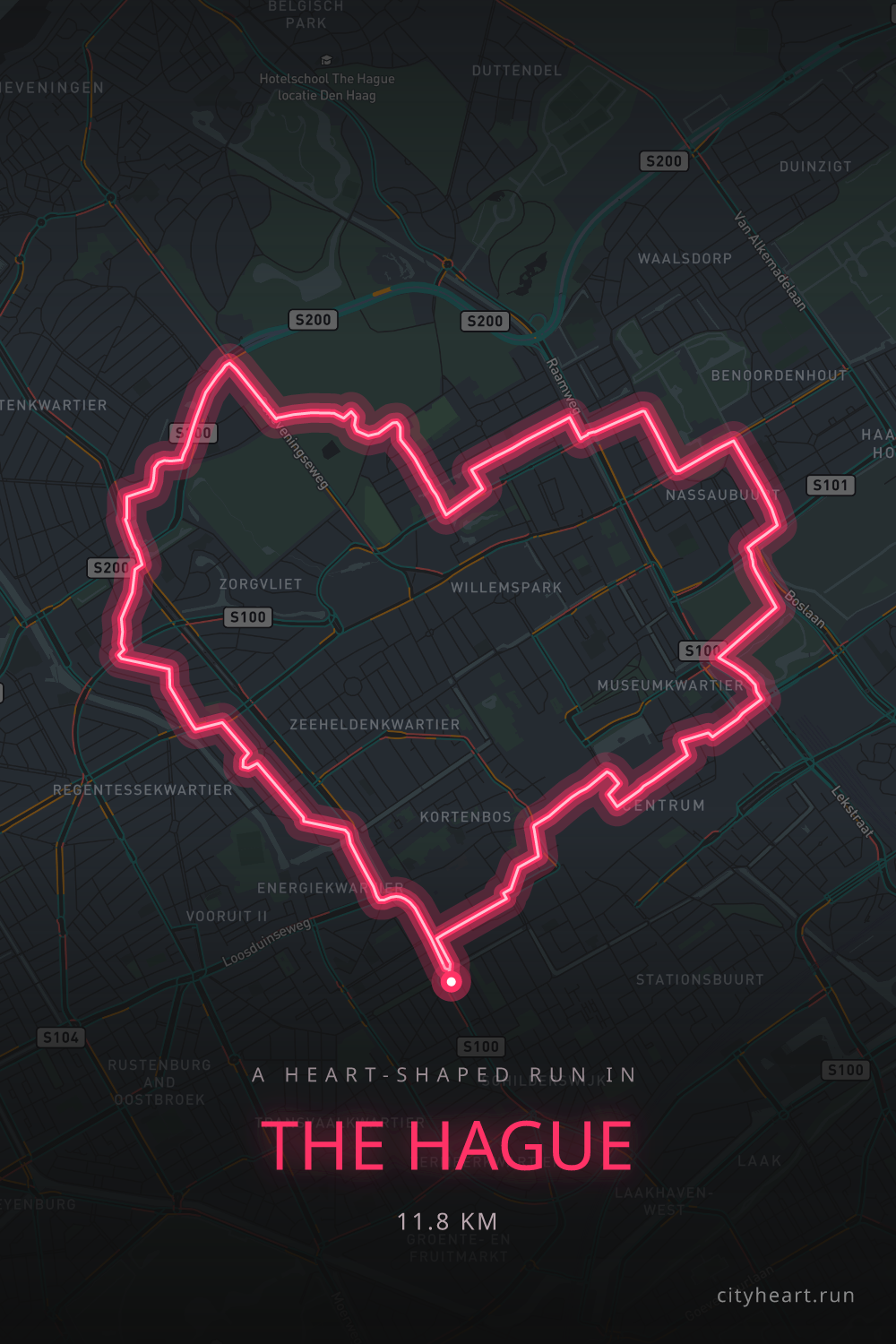 Heart-shaped running route in The Hague, 13.0 km — GPS art for Strava