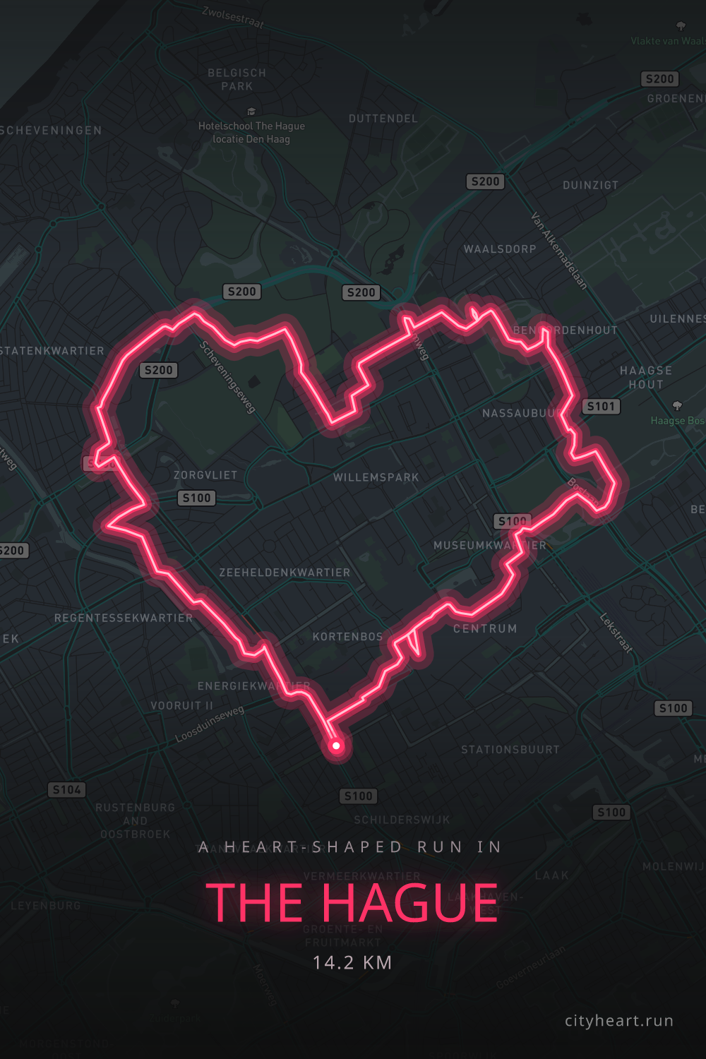 Heart-shaped running route in The Hague, 14.9 km — GPS art for Strava