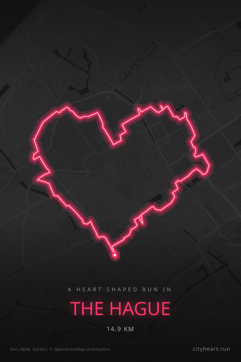 Heart-shaped running route in The Hague, 14.9 km — GPS art for Strava