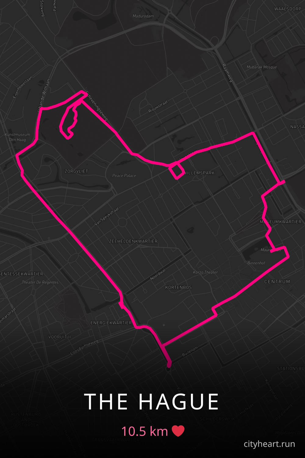 Heart-shaped running route in The Hague, 10.5 km — GPS art for Strava