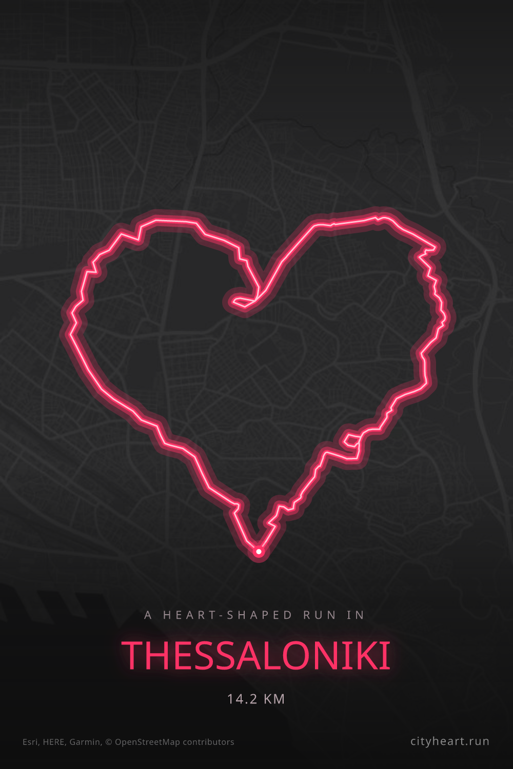 Heart-shaped running route in Thessaloniki, 14.2 km — GPS art for Strava