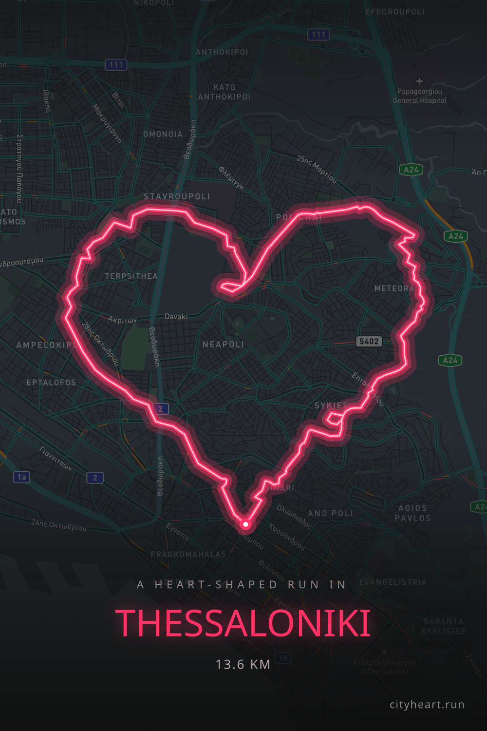 Heart-shaped running route in Thessaloniki, 14.2 km — GPS art for Strava