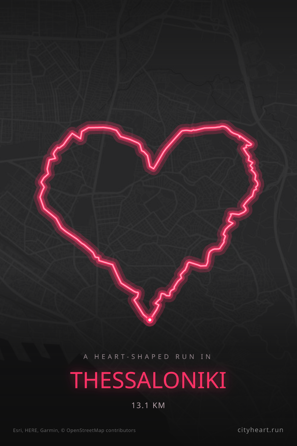 Heart-shaped running route in Thessaloniki, 13.1 km — GPS art for Strava
