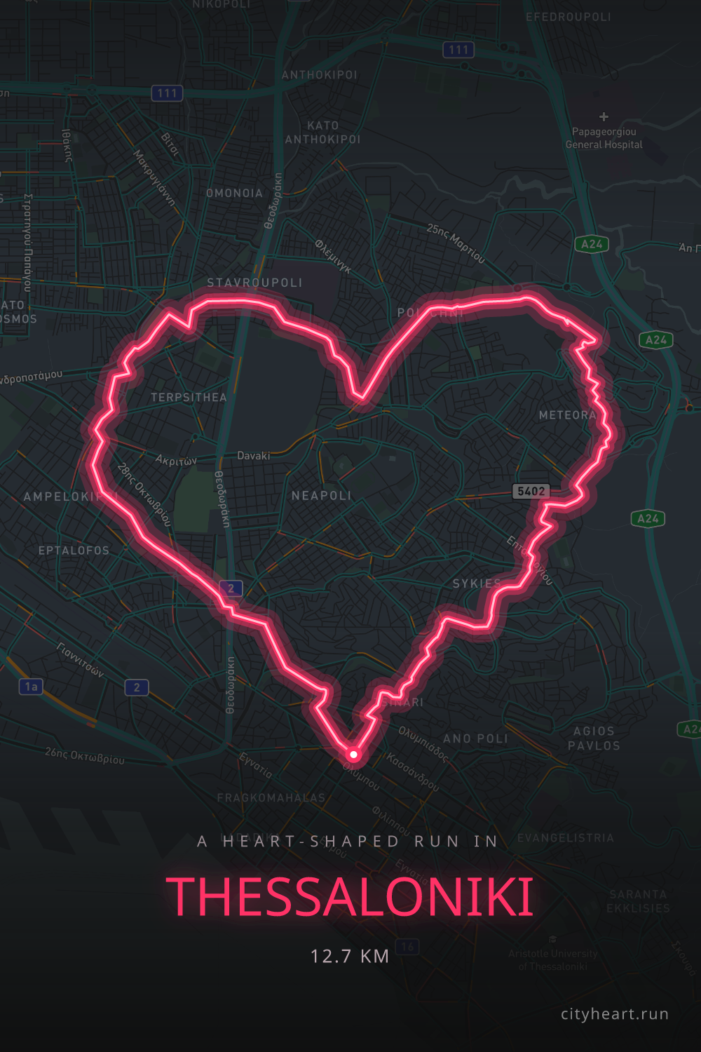 Heart-shaped running route in Thessaloniki, 13.1 km — GPS art for Strava