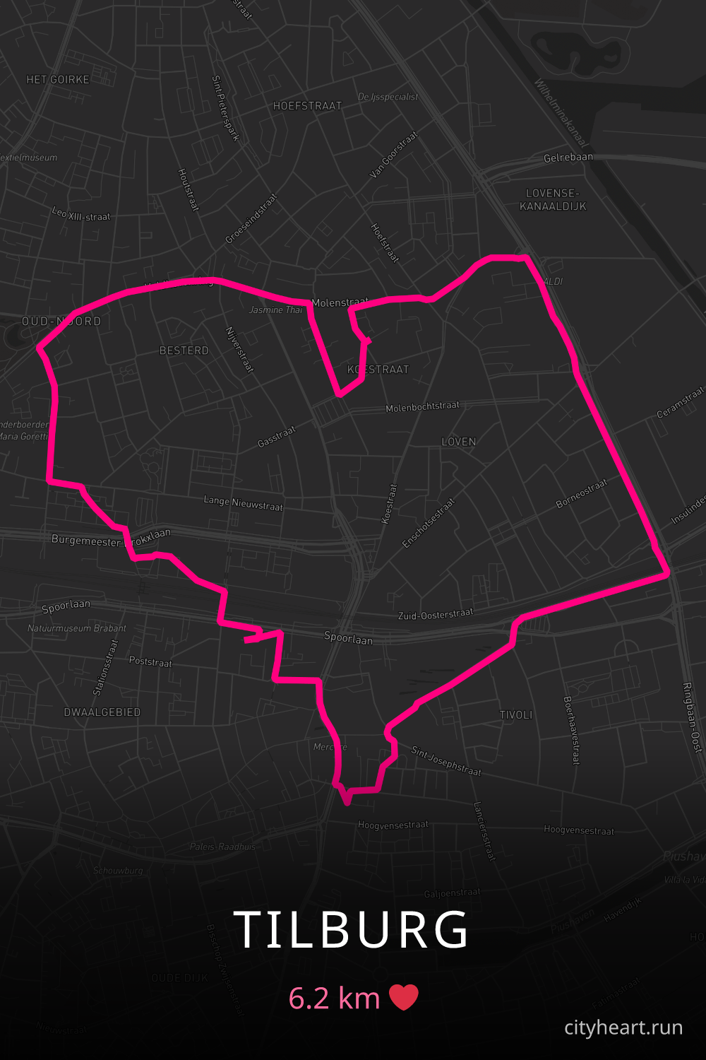 Heart-shaped running route in Tilburg, 6.2 km — GPS art for Strava