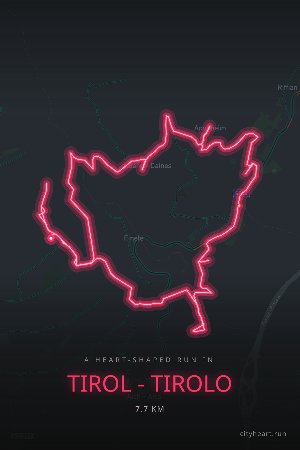 Heart-shaped running route in Tirol - Tirolo, 8.2 km — GPS art for Strava