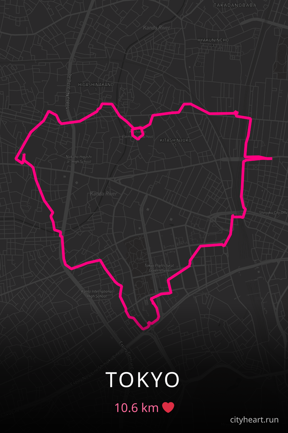Heart-shaped running route in Tokyo, 10.6 km — GPS art for Strava