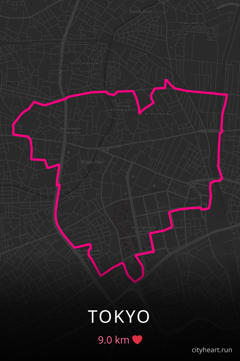 Heart-shaped running route in Tokyo, 9.0 km — GPS art for Strava