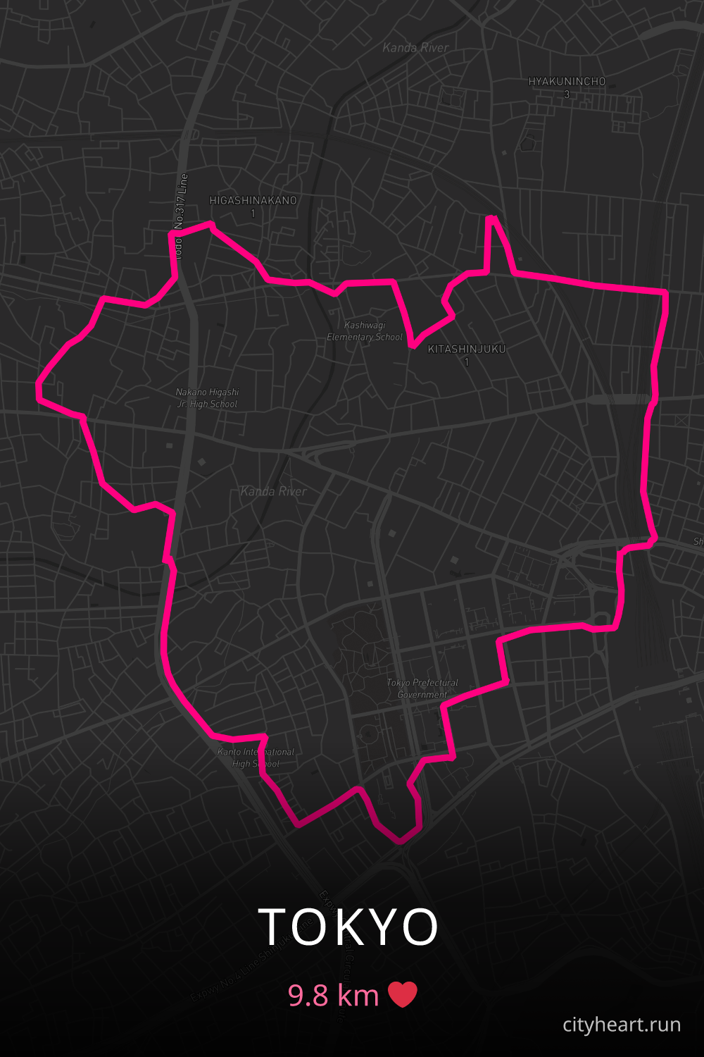 Heart-shaped running route in Tokyo, 9.8 km — GPS art for Strava