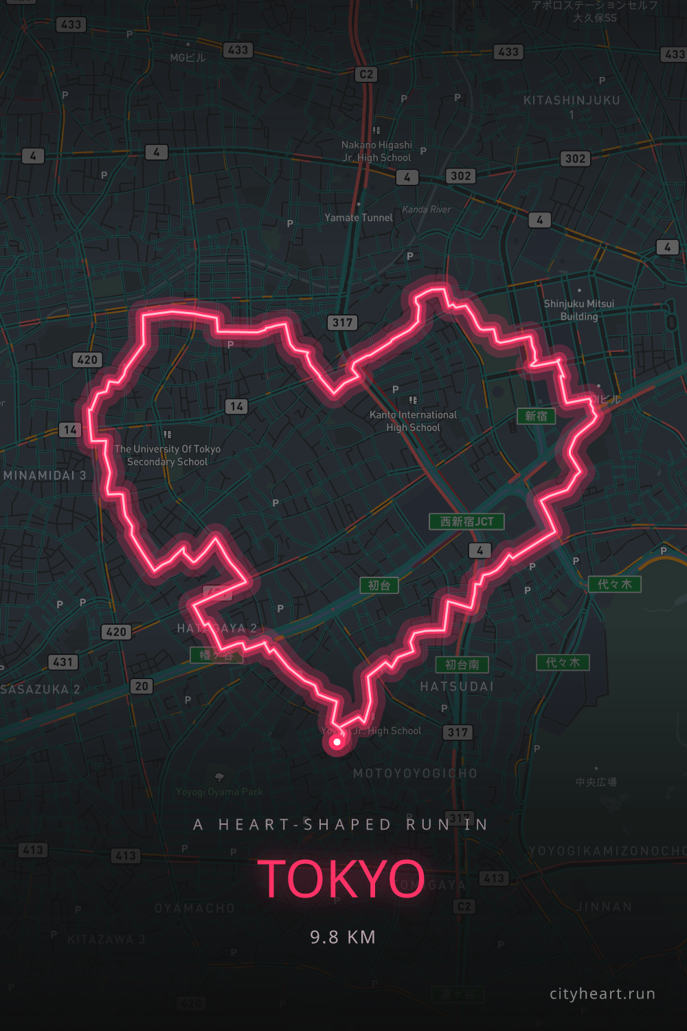 Heart-shaped running route in Tokyo, 10.6 km — GPS art for Strava