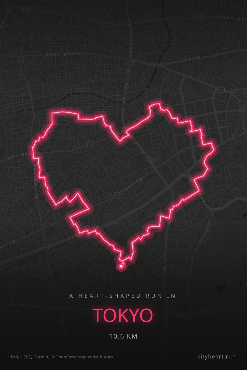 Heart-shaped running route in Tokyo, 10.6 km — GPS art for Strava