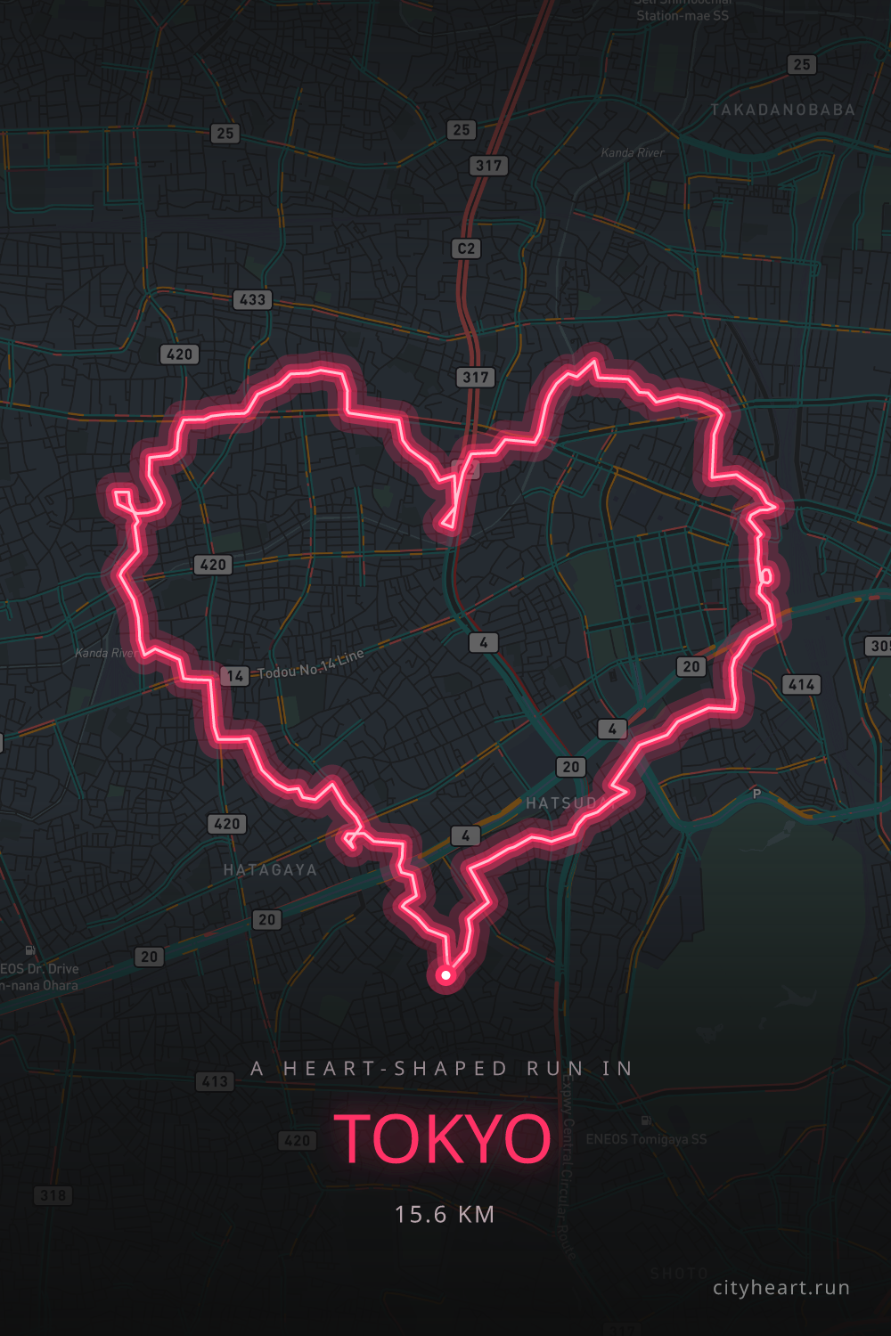 Heart-shaped running route in Tokyo, 15.6 km — GPS art for Strava