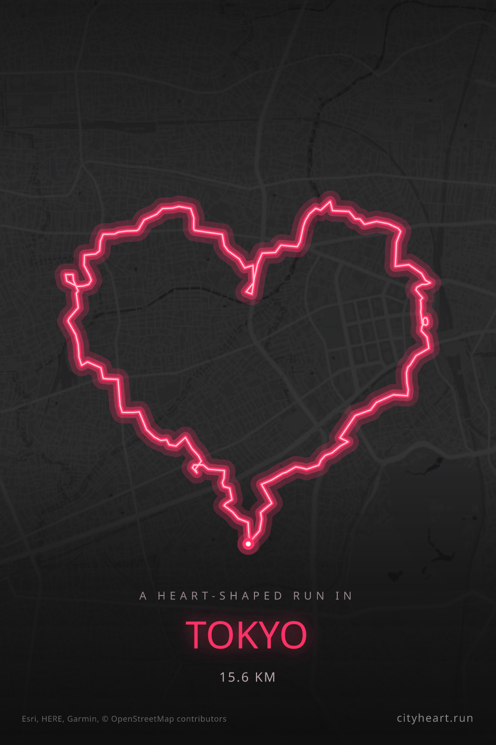 Heart-shaped running route in Tokyo, 15.6 km — GPS art for Strava